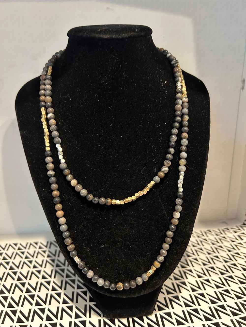 Gray Beaded Necklace with Gold Accents - Women Jewelry